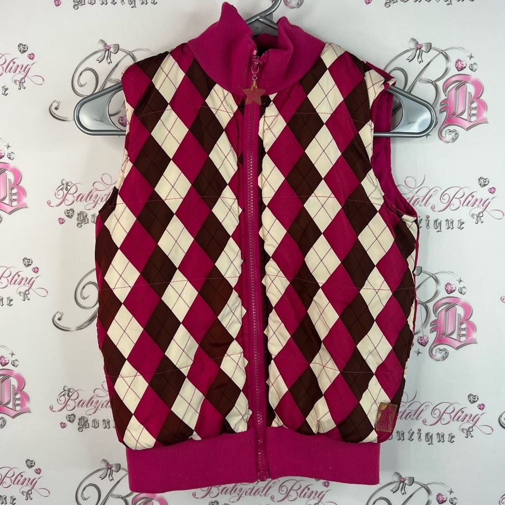 La SENZA girl vest vintage y2k diamond Pink and Brown white star Argyle Zip-Up